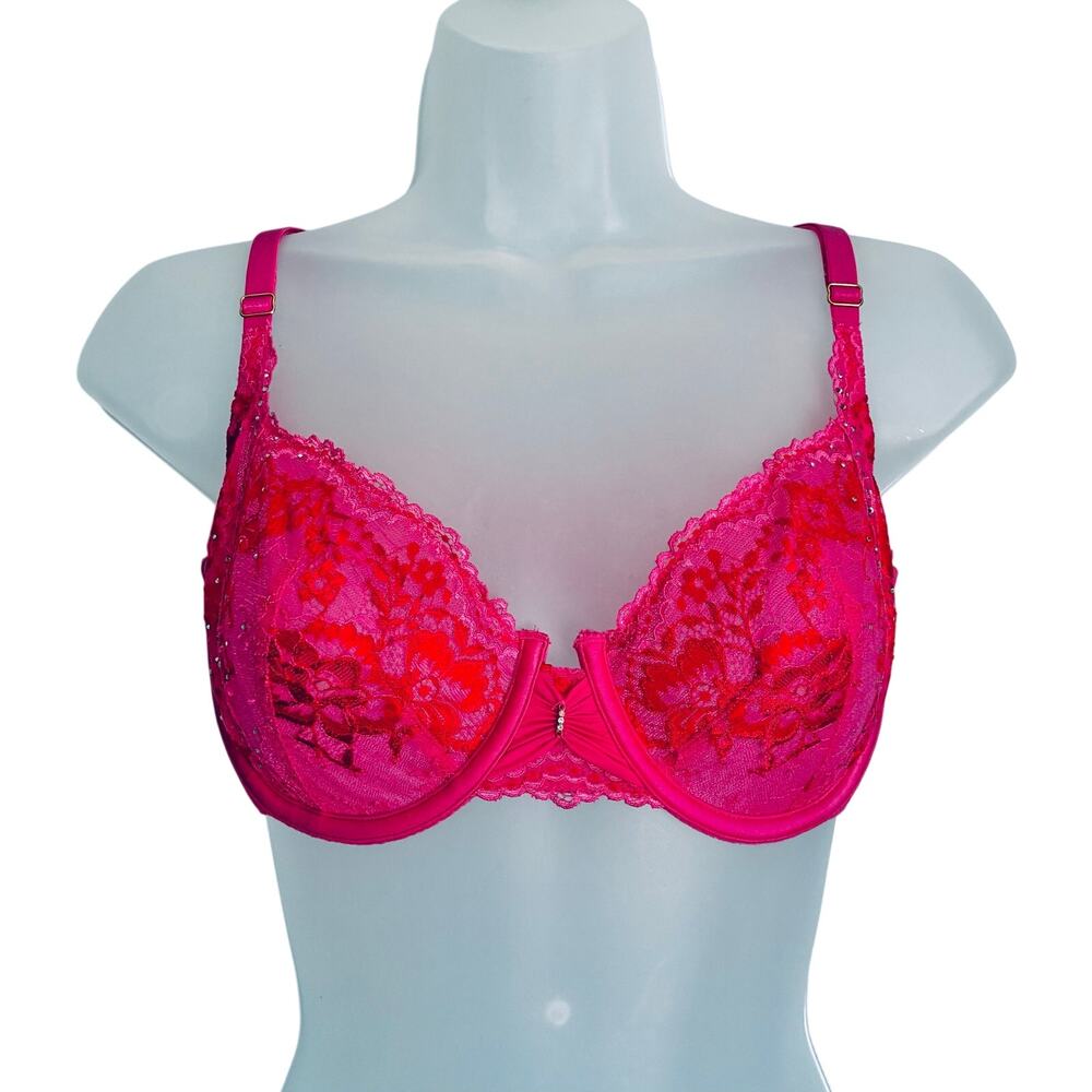 Victoria's Secret Bra Unlined Demi Lace Rhinestone 36C Pink Red